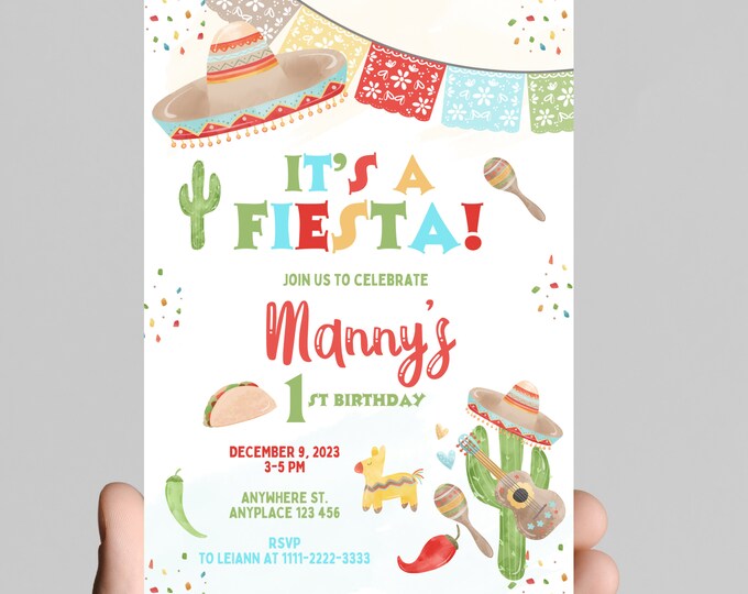 first fiesta birthday party invitation, fiesta, cactus, taco bout birthday party invitation, muticolor