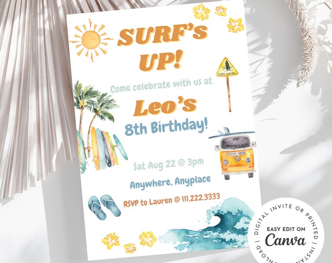 Surfing Baby Boy Invitation, Surf's up! Tropical, Surfboard, Gnarly, Retro, Beach Birthday, E-invite, Printable Invite, Canva Invitation