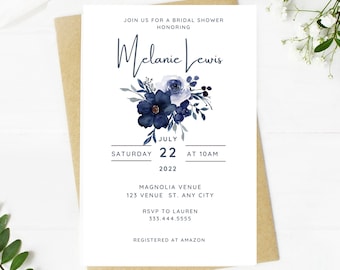 Beautiful navy blue bridal shower invitation, Wedding, simple, minimalist, printable, editable, instant download template