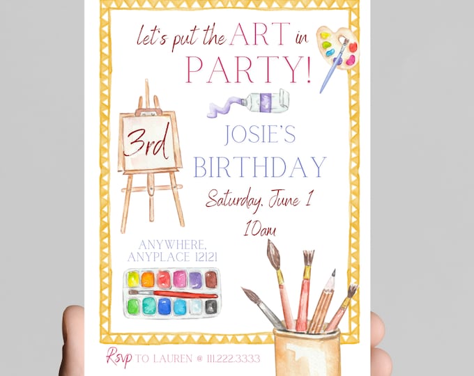 Let’s put the Art in pARTy theme birthday invitation, rainbow paint,gold glitter, paintbrush, painting,girl birthday party, age customizable
