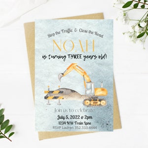 Construction theme Birthday Invitation, Stop the traffic and close the road, dump truck, excavator, bulldozer, dirt, trucks