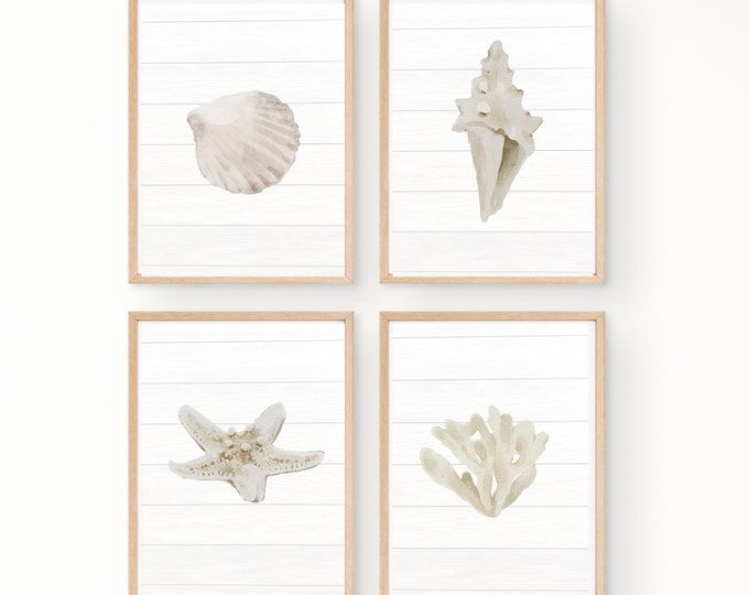 shiplap nautical sea shell beach room decor, wall art, modern farmhouse, minimalist, 8x10, set of 4 digital printables, frame not included