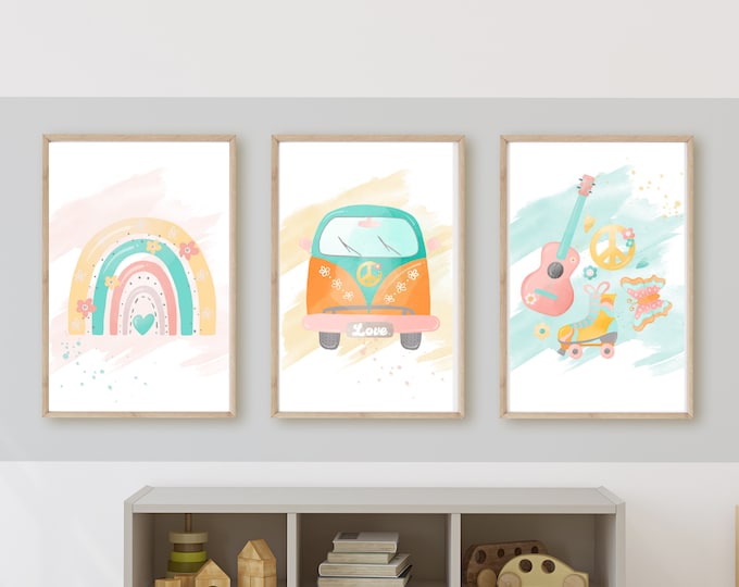 Fun Retro baby vintage Volkswagen girl bedroom wall art, rainbow, 70’s vibe,hippie, baby girl nursery wall decor, set of 3 digital downloads