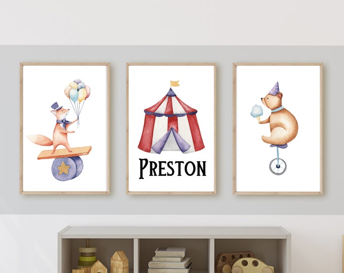 Vintage circus theme for baby boy nursery wall art or room decor, circus tent, circus animals, balloons, 11x14, set of 3 digital downloads