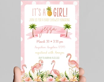 Flamingo theme girl baby shower invitation, pink and gold glitter, tropical, pineapple, come celebrate mom to be