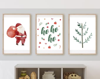 Stampe artistiche natalizie per la cameretta dei bambini, Babbo Natale, albero, decorazioni natalizie (stampa digitale)