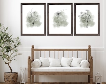 minimalist wildflowers in black and white with watercolor sage green background, set of 3 prints, simple, minimalist, frames not included