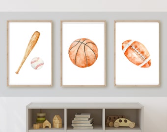 Sports room decor wall art, baseball, football, basketball, 11x14, set of 3 prints customizable, frame not included