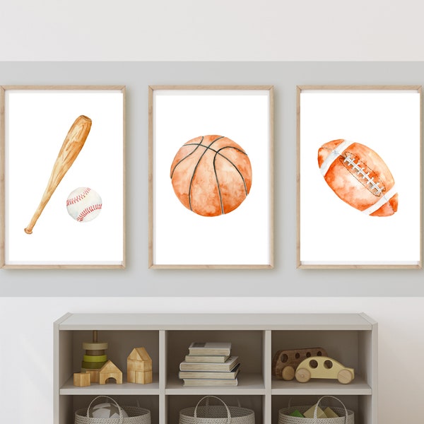 Sports room decor wall art, baseball, football, basketball, 11x14, set of 3 prints customizable, frame not included