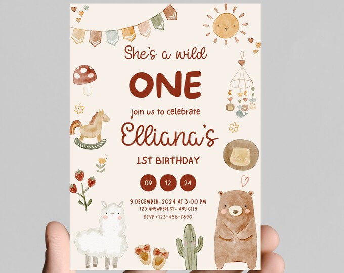 Wild one boho girl first birthday invitation, boho, chic, trendy, golden sun, editable, printable