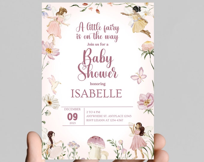 Fairy theme girl baby shower invitation, whimsicle, pink and gold glitter, come celebrate mom to be