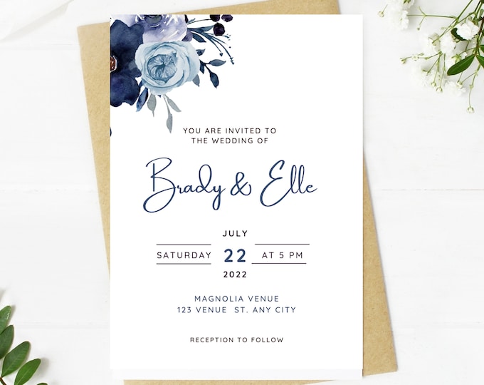 Beautiful Wedding invitation, dusty blue floral, Wedding, blue floral, navy, printable, editable, instant download template, e-card, Bridal