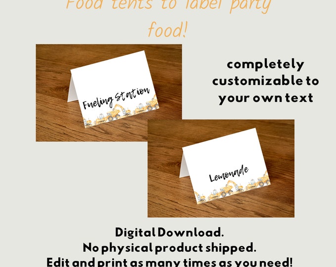 Construction truck themed birthday party table food tents/labels, dump truck, excavator, bulldozer, table decor, birthday boy party
