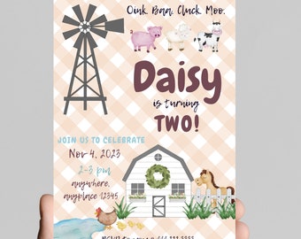 Oink, baa, cluck, moo, farm theme birthday invitation, cow, barn animals, tractor, girl 2nd birthday invitation. Editable Age and details