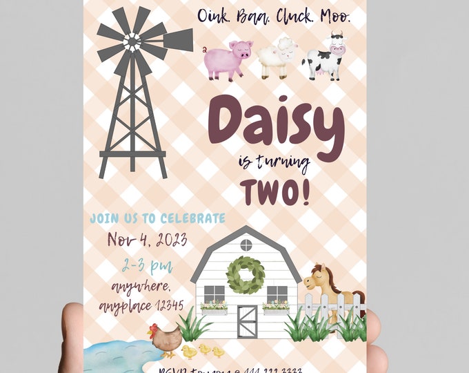 Oink, baa, cluck, moo, farm theme birthday invitation, cow, barn animals, tractor, girl 2nd birthday invitation. Editable Age and details
