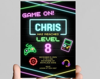 Gamer gaming birthday party invitation, neon lights, editable, printable, digital
