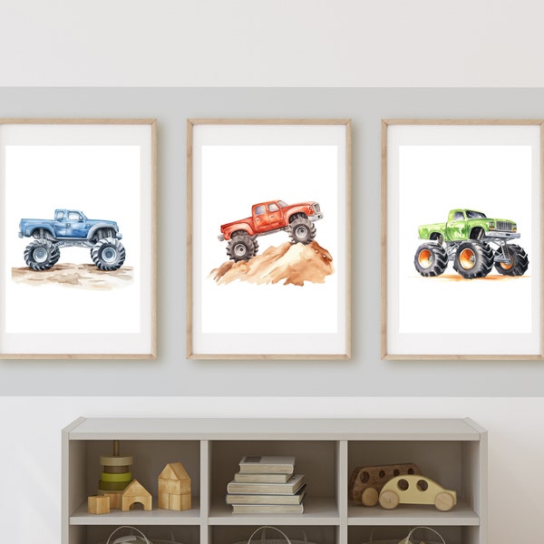 monster truck room decor, wall art, digital download, 11x14, set of 3 prints included, customizable, frame not included