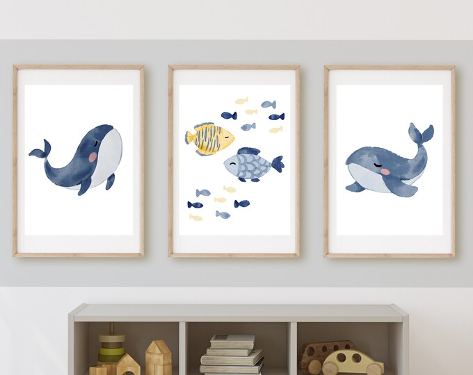 whale, nautical, ocean, coastal nursery bedroom decor, boy nursery wall art, 11x14, set of 3 digital prints included, no frames.