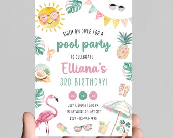 Tropical Pool Party Birthday Invitation, Pink Flamingo, Editable (Digital)