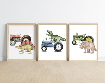 dinosaurs and tractors, farm kids room decor, dinosaur farm  T-Rex on tractor, room decor, wall art, 11x14, digital download