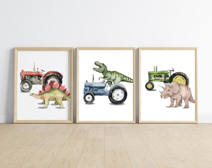 dinosaurs and tractors, farm kids room decor, dinosaur farm  T-Rex on tractor, room decor, wall art, 11x14, digital download