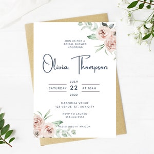 light pale pink floral and greenery bridal shower invitation, Wedding, simple, minimalist, printable, editable, instant download template