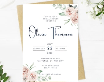 Floral Bridal Shower Invitation, Light Pink, Minimalist Template (Digital Download)