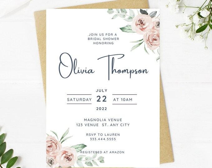 light pale pink floral and greenery bridal shower invitation, Wedding, simple, minimalist, printable, editable, instant download template