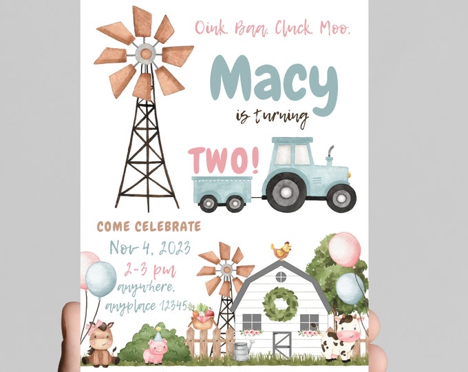 Oink, baa, cluck, moo, farm theme birthday invitation, cow, barn animals, tractor, girl 2nd birthday invitation. Editable Age and details