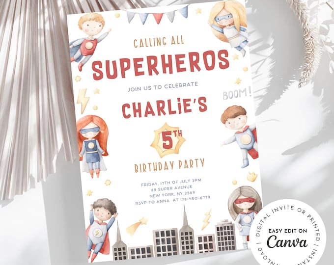 Calling all superheroes, time to celebrate! Superhero theme birthday party invitation, boom pow comics, edit to any age, printable, digital