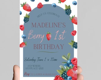 Berry First birthday themed berry birthday invitation themed girl birthday party, strawberries, sweet girl, first birthday, sweet ONE
