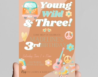 Young, wild, and THREE retro groovy 3rd birthday invitation 60’s 70’s themed girl birthday party, digital edit and print