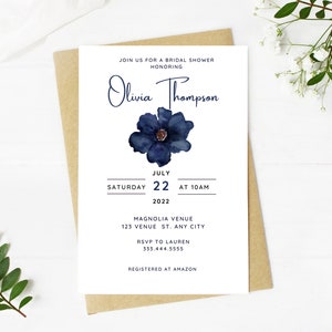 Beautiful navy blue bridal shower invitation, Wedding, simple, minimalist, printable, editable, instant download template