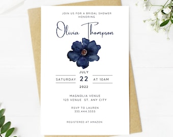 Navy Floral Bridal Shower Invitation, Minimalist Wedding Invite (Printable, Editable, Instant Download)
