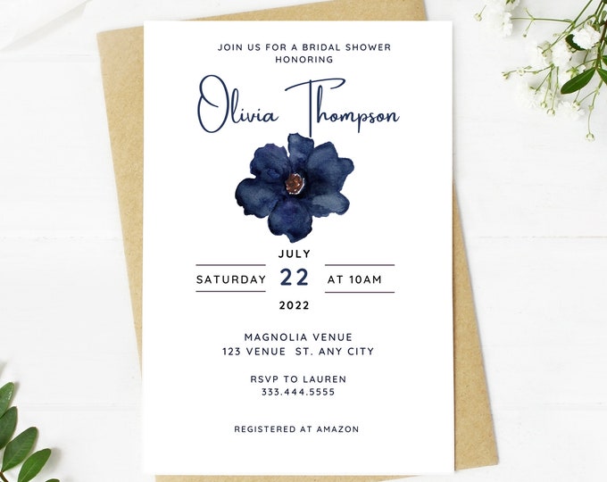 Beautiful navy blue bridal shower invitation, Wedding, simple, minimalist, printable, editable, instant download template