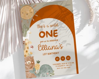Wild One Boho First Birthday Invitation, Golden Sun (Editable, Printable)