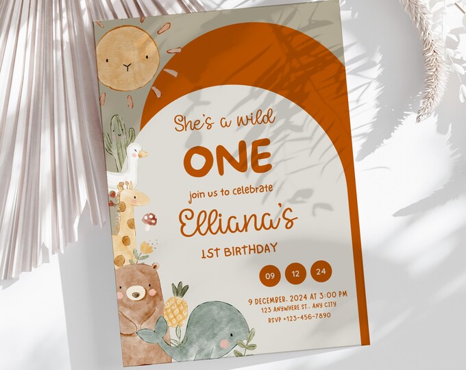 Wild one boho girl first birthday invitation, boho, chic, trendy, golden sun, first birthday invitation, boho animals, editable, printable