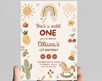Wild one boho girl first birthday invitation, boho, chic, trendy, golden sun, editable, printable
