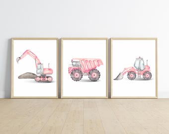 Pink Construction Truck Prints, Girl Nursery Decor, Set of 3 (11x14)
