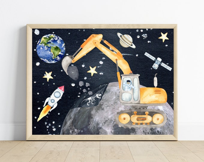 Dino Digger on the Moon! Space wall art, rocket ship, astronauts, dinosaurs on the moon, excavator construction truck in outer space