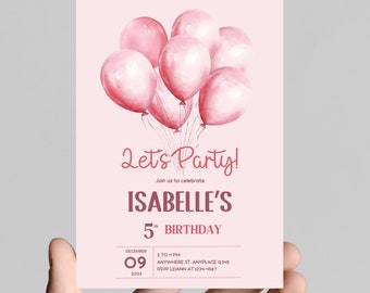 Pink birthday invitation, watercolor, little girl birthday party, age customizable