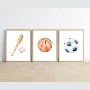 Sports room decor wall art, baseball, basketball, soccer ball, 11x14, set of 3 prints customizable, frame not included