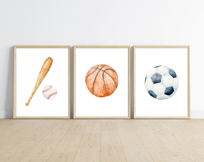 Sports room decor wall art, baseball, basketball, soccer ball, 11x14, set of 3 prints customizable, frame not included
