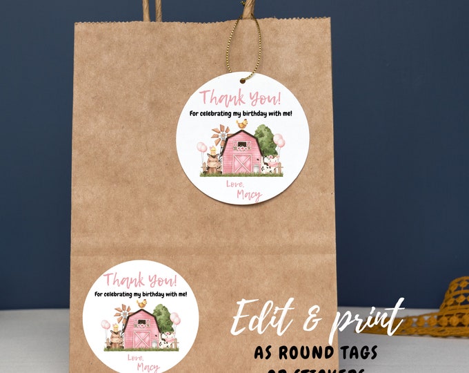 Farm animals, barn, Tractor theme round party favor tags or stickers, thank you for celebrating party favors