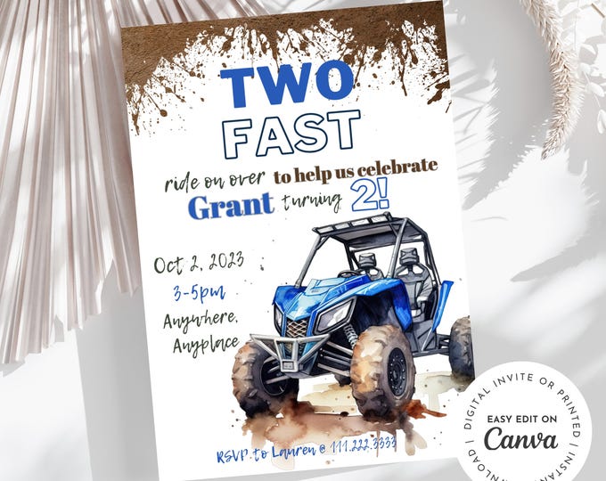 Two Fast! ATV side by side theme 2nd birthday boy invitation, rev your engine shift into gear, dirt, mud, printable, digital
