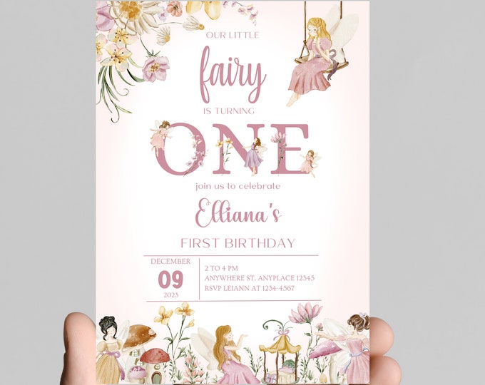 Fairy theme girl first birthday party invitation, age is editable, fairies theme watercolor invitation , printable, digital