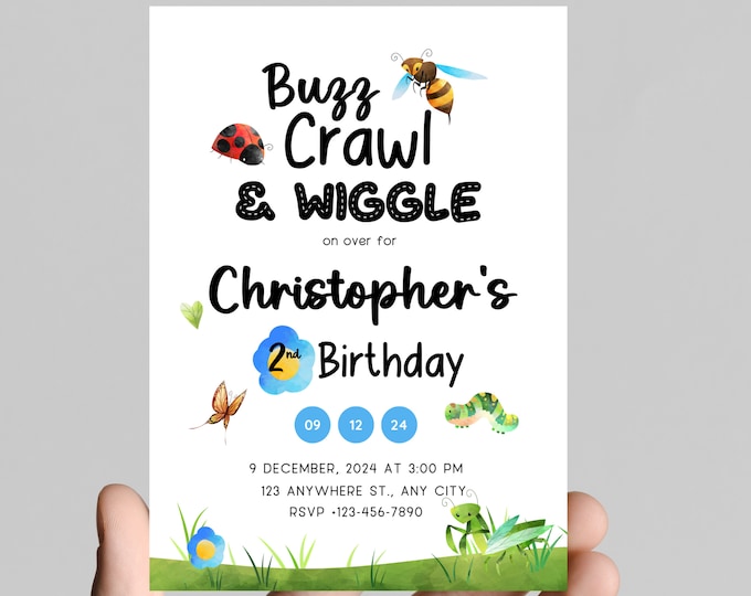 Adorable bug and insect theme birthday invitation, we’re bugging out, bee, butterfly, little caterpillar, edit to any age, customize colors