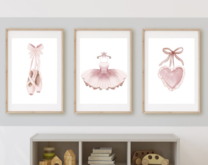 ballet nursery wall art decor, light pink ballet shoes and tutu, ballet dress, pale pink bow,  11x14, set of 3, no frames