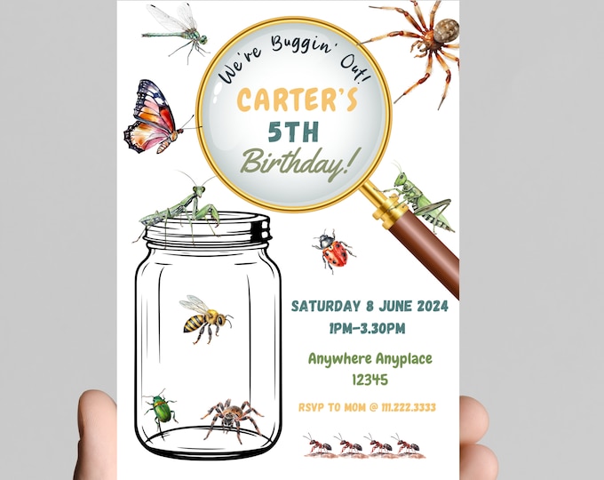 Adorable bug and insect theme birthday invitation, we’re bugging out, bee, butterfly, little caterpillar, edit to any age, customize colors