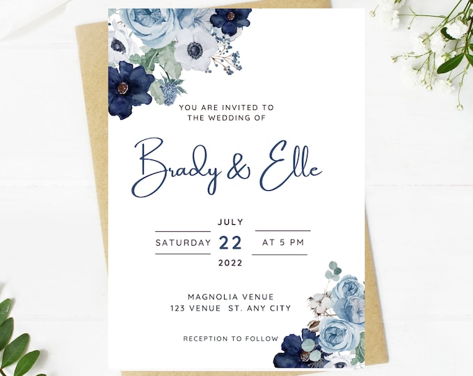 Beautiful Wedding invitation, dusty blue floral, Wedding, blue floral, navy, printable, editable, instant download template, e-card, Bridal